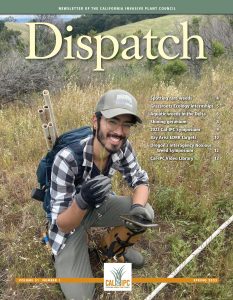 Newsletter cover with a young man in a baseball hat holding up a small weed with gloved hands